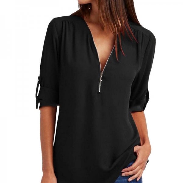 Zip V-neck Shirts Women Short Sleeve Loose Tops