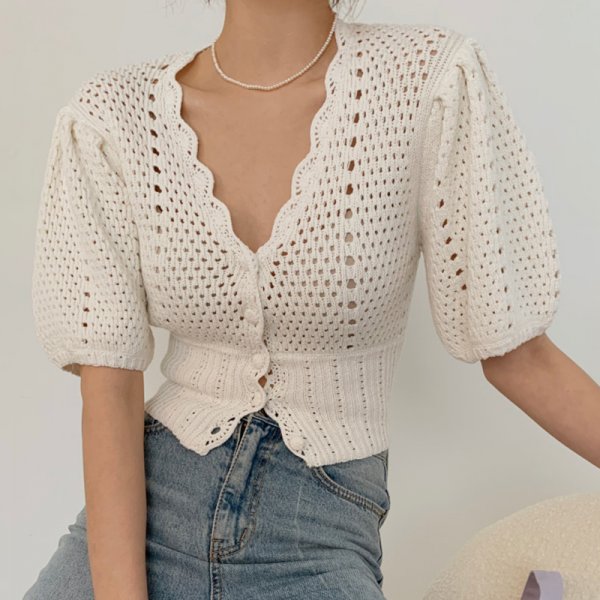 Korea Chic Gentle Temperament V-neck Chic Single-breasted Waist Short Puff Sleeve Hollow Knit Top Women